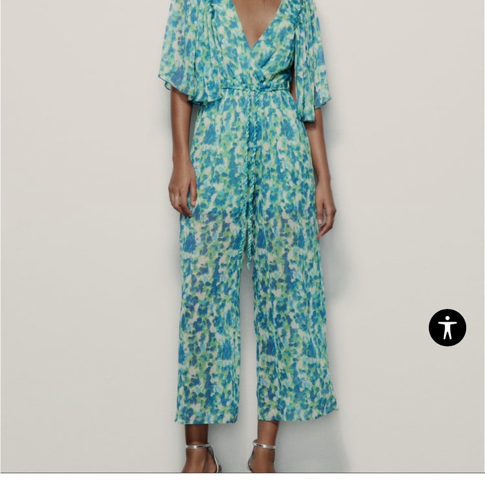 Zara Blue and Green Jumpsuit with Flutter Sleeves and Elastic Waist